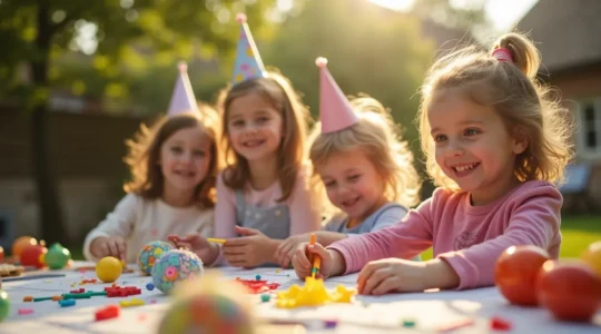 Illustration photo réaliste d'un groupe d'enfants célébrant un anniversaire dans un jardin lumineux à Caen avec une activité artistique et ludique, ambiance joyeuse et colorée, espace négatif exploitable avec arrière-plan flou.