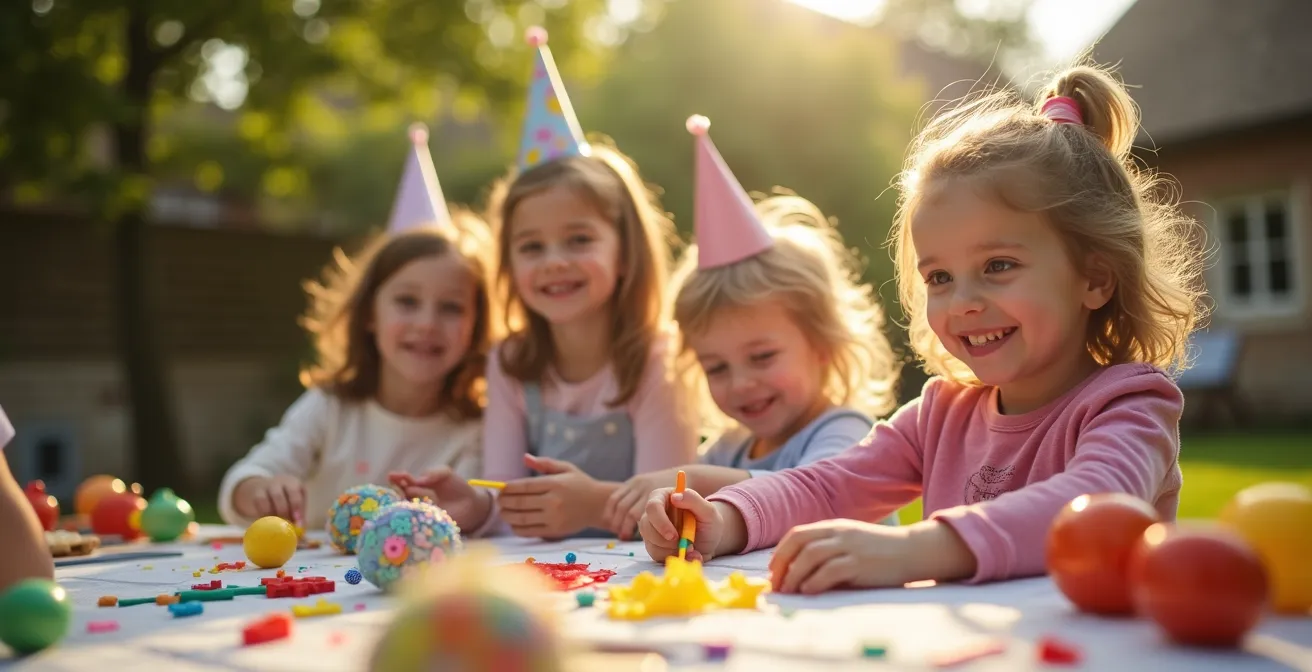 Illustration photo réaliste d'un groupe d'enfants célébrant un anniversaire dans un jardin lumineux à Caen avec une activité artistique et ludique, ambiance joyeuse et colorée, espace négatif exploitable avec arrière-plan flou.