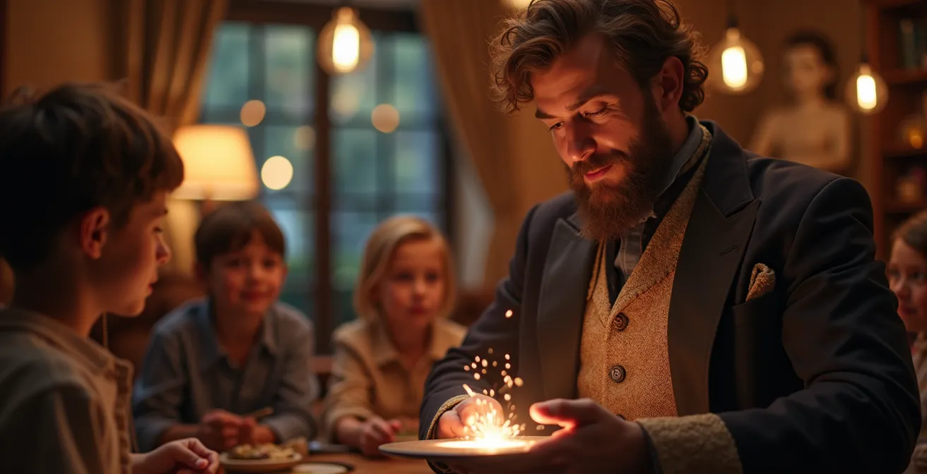 Photographie réaliste montrant un magicien en pleine animation d'un anniversaire d'enfant avec des enfants fascinés, éclairage doux et ambiance chaleureuse.