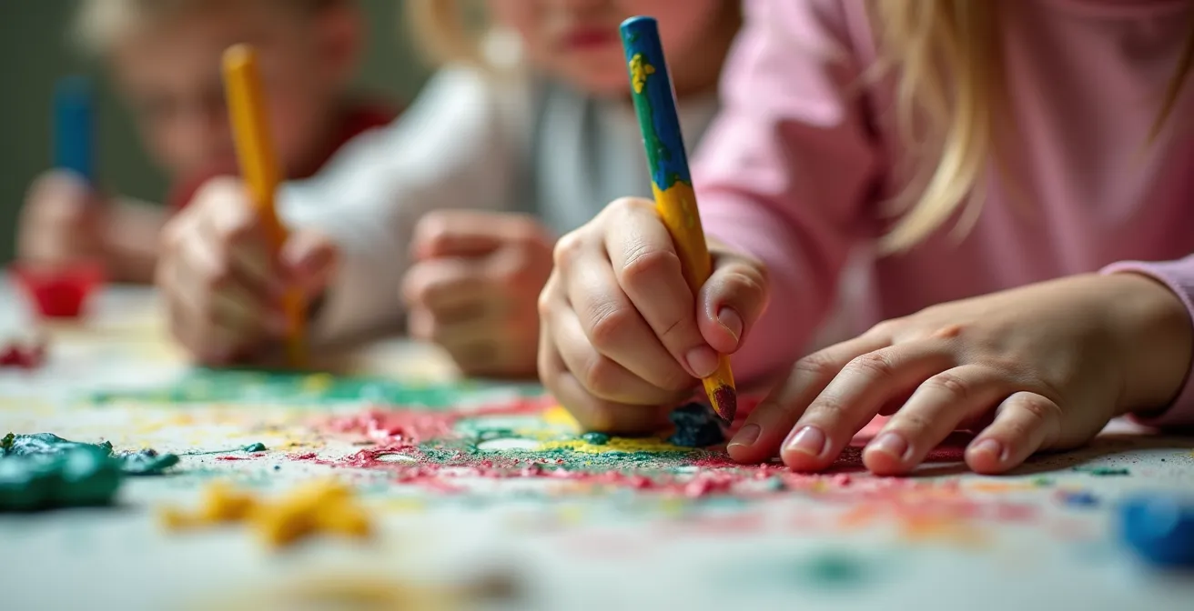 Photo rapprochée d'enfants utilisant des pinceaux et des argiles pour un atelier créatif dans un environnement lumineux et accueillant.