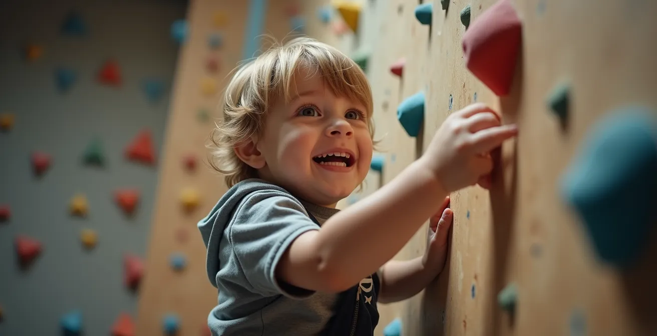 Photo réaliste d'un enfant concentré en train de pratiquer l'escalade de bloc dans une salle moderne à Caen, éclairage cinématographique, textures naturelles.