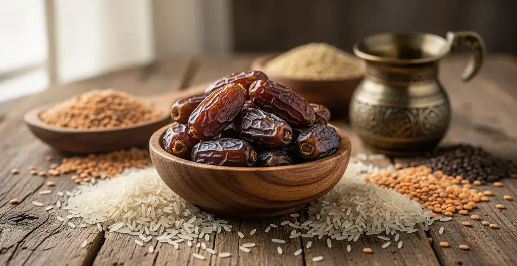 Denrées alimentaires traditionnelles pour la zakat al-fitr : dattes et riz en mesure traditionnelle