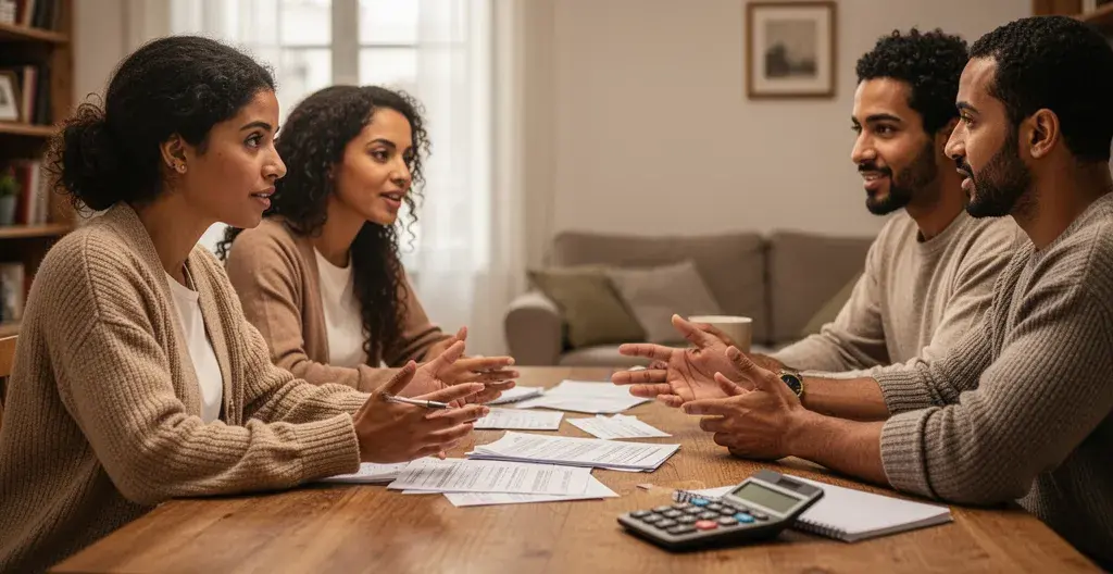 Famille musulmane française calculant le budget zakat pour le Ramadan
