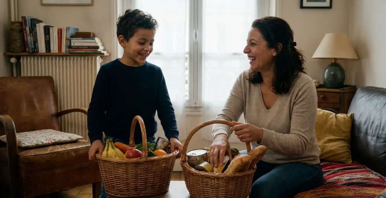Famille française préparant des paniers alimentaires solidaires pour le Ramadan (zakat al-fitr)
