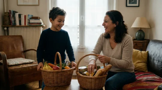 Famille française préparant des paniers alimentaires solidaires pour le Ramadan (zakat al-fitr)